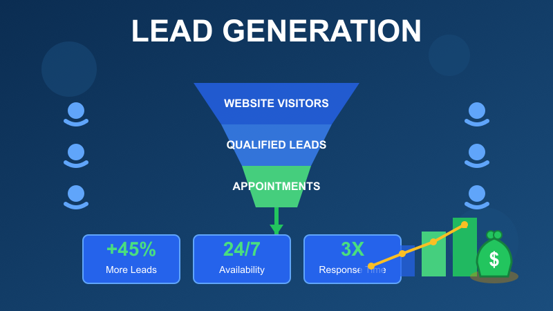 Lead generation funnel with conversion metrics and revenue growth